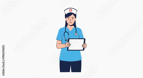 A female nurse in blue scrubs holding a clipboard and wearing a stethoscope around her neck