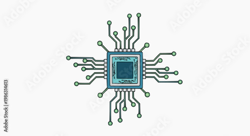 A vector graphic illustration of a microchip with circuit lines and connections on a white background