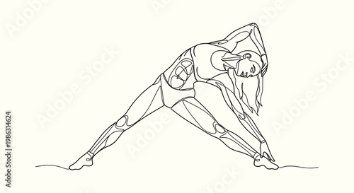 Minimalist one line art of a fit woman performing yoga stretching pose for health and wellness gym.