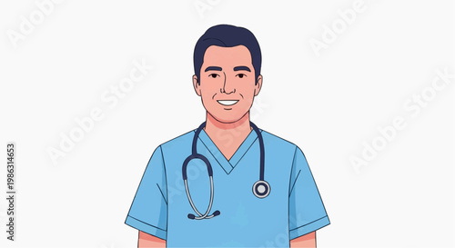 A smiling male doctor wearing blue scrubs and a stethoscope around his neck in a medical setting.