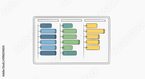 A colorful vector graphic illustrating a Kanban board with multiple columns and rows of rectangles