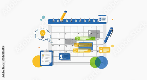 A colorful vector graphic illustration of a calendar with planning tools and icons