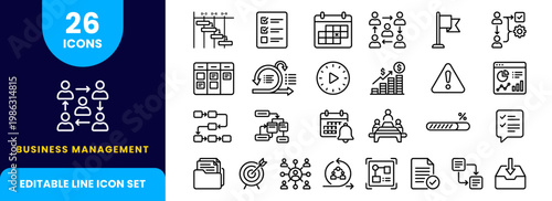 Business management and project planning editable line icons set featuring workflow organization