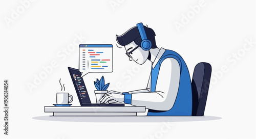 A man wearing headphones works on a laptop at a desk with a cup of coffee and a plant nearby.