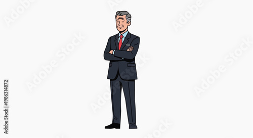 A cartoon illustration of a confident businessman standing with his arms crossed in a suit.