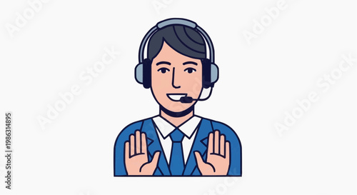 A cartoon illustration of a customer service representative wearing a headset and gesturing with his hands