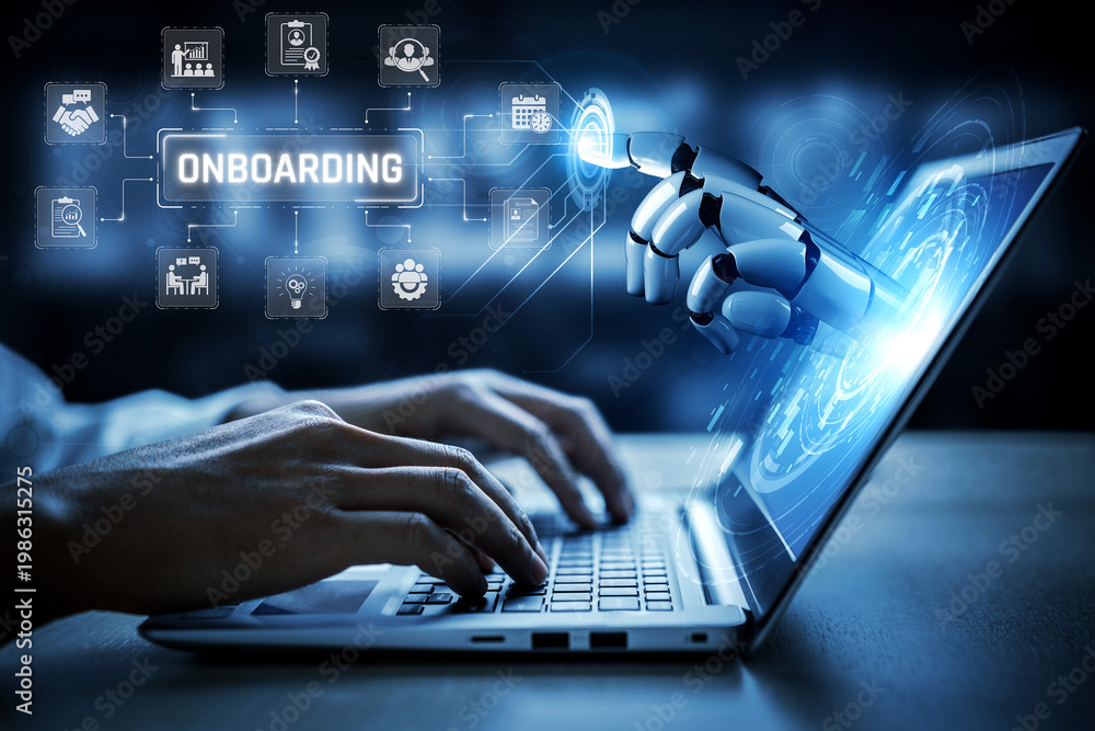 Obraz premium Futuristic Concept of Robotic Assistance for Employee Onboarding and Digital Integration in Modern Business Environments with Touchscreen Interaction Sigmoid