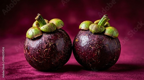 Two ripe purple mangosteens with green calyx on top displayed against vibrant background