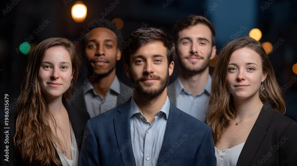 Fototapeta premium Four diverse young professionals standing together in a stylish dimly lit setting conveying a mood of teamwork and success