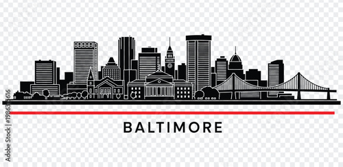 Baltimore city skyline silhouette with red line