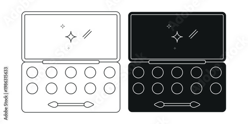 Minimal Makeup Palette Icon Set – Eyeshadow Kit Vector, Cosmetic Box Line & Solid Style.