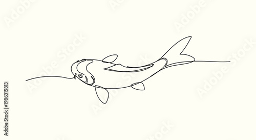 Single continuous line art of a koi fish swimming gracefully, minimalist Japanese carp illustration.