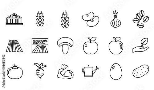 Minimal thin line agriculture food icon set with farming crops vegetables and eco outline symbols vector