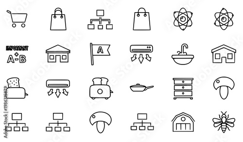 Thin stroke minimal mixed icon set with ecommerce science navigation and home outline symbols for UI design