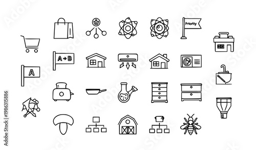 Modern outline icon collection with ecommerce science and home symbols in thin line style vector