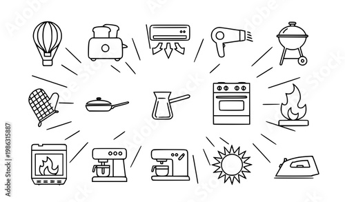 Modern outline home appliance and cooking icon collection in thin line style vector