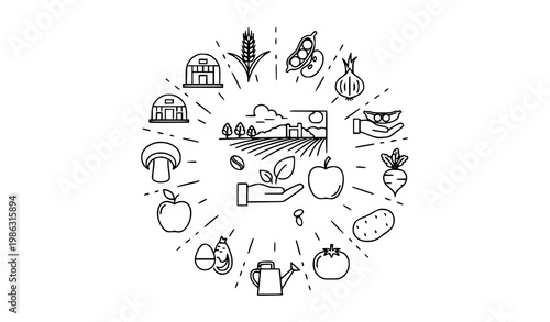Modern outline agriculture icon collection with farming crops and organic food symbols in thin line style vector