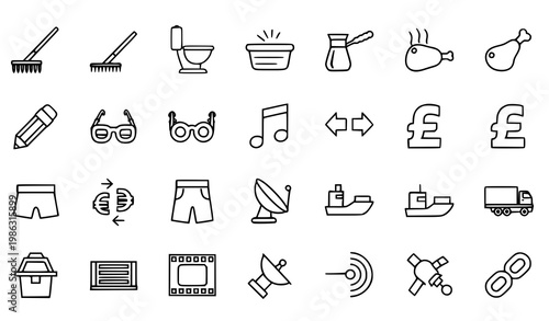 Modern outline mixed icon collection with household transport and media symbols in thin line style vector