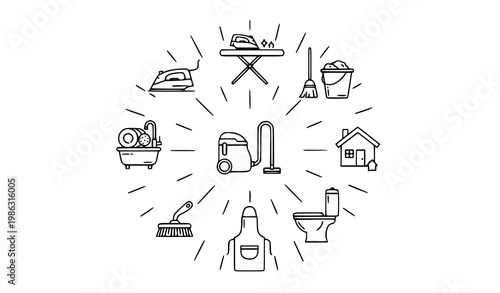 Modern outline cleaning icon collection with household hygiene and laundry symbols in thin line style vector