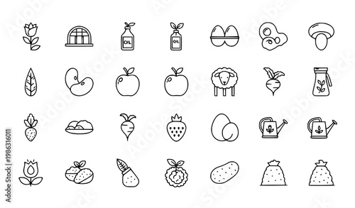 Thin stroke minimal agriculture icon set with food farm and environment outline symbols for UI design