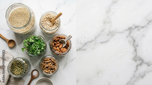 Top view of glass jars with quinoa, oats, almonds, walnuts, pumpkin seeds, and microgreens on white marble. Minimalist flatlay for healthy eating and vegan diet concept. Large empty copy space.
