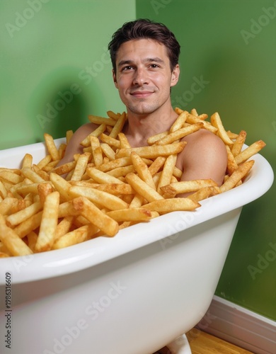 Funny concept of a man bathing in french fries in a bathtub, playful humor, fast food indulgence, surreal lifestyle scene and quirky modern visual idea.