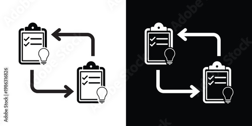 Clipboard checklist icons paired with lightbulbs and directional arrows. Illustrates a workflow for creative planning, idea implementation, task management, and project strategy development.