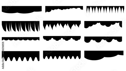 DECORATIVE BORDER EDGE SET WITH VARIOUS PATTERNS. BLACK SILHOUETTE SCALLOPED AND WAVY FRAME ELEMENTS. VECTOR DESIGN TEMPLATE FOR GRAPHIC PROJECTS.