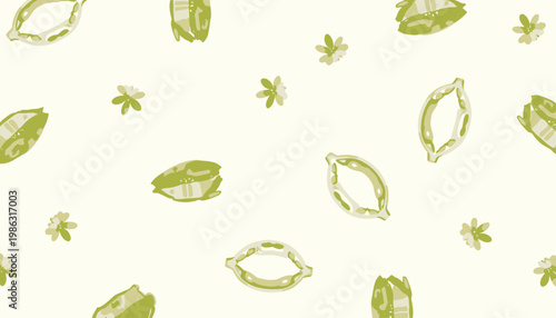 Seamless Pattern of Green Pea Pods and Delicate Orange Flowers on a Light Cream Background Illustrating Fresh Spring Vibe and Natural Design Elements