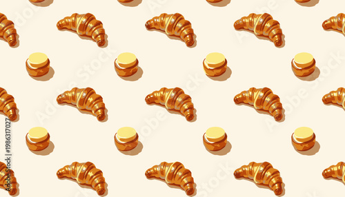 Delightful Pattern of Crispy Croissants and Creamy Macarons Arranged in a Repeating Culinary Design Ideal for Food Enthusiasts and Baking Aficionados