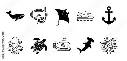 Comprehensive collection of diverse marine-themed icons, featuring sea creatures, diving gear, vessels, and nautical symbols rendered in a clean, minimalist black and white style