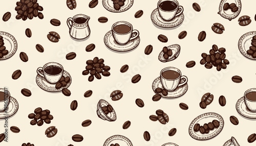 Seamless Pattern with Coffee Cups, Beans, and Creamer on Subtle Beige Background for Cafe-Inspired Design or Coffee Enthusiast Decor