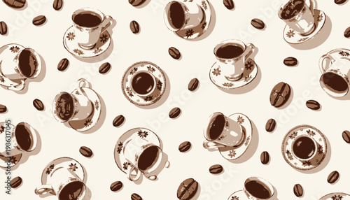 Top-down view of elegant porcelain teacups filled with rich black coffee intricately arranged among scattered coffee beans on a neutral background