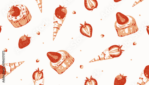 A delightful array of strawberry-themed desserts showcasing cupcakes, cones, and fresh strawberries against a white background perfect for sweet inspirations.