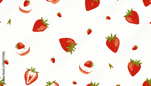 Delightful Strawberries and Cream Cupcakes with Fresh Fruit Pattern on White Background, Featuring Whole and Sliced Strawberries and Creamy Topped Treats