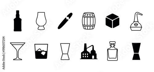 Diverse set of black and white whiskey icons and cocktail elements, featuring various glasses, bottles, distillery equipment, and drinking accessories in a clean, minimalist style