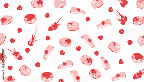 Seamless Pattern of Various Colorful Pastries and Fruits on a Clean White Background Highlighting a Vibrant and Sweet Culinary Design