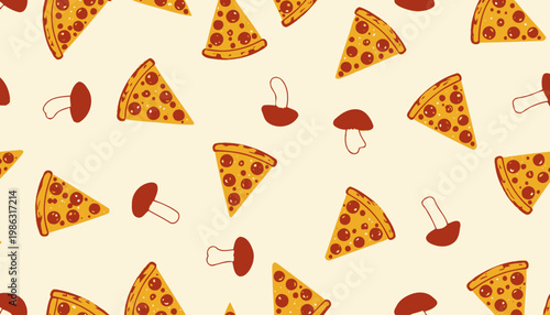 Seamless Pattern featuring Delicious Pizza Slices and Whimsical Mushrooms on a Creamy Background for Culinary and Artistic Inspiration