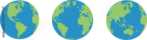 Three stylized flat earth globes showing different continents blue oceans and green landmasses