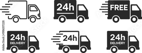 Six black and white delivery truck with text indicating speed and service