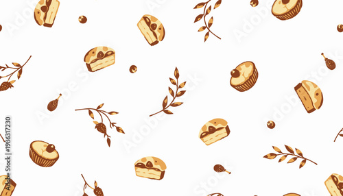 Seamless Pattern Featuring Whimsical Pastries with Delicate Green Leaves on a Crisp White Background