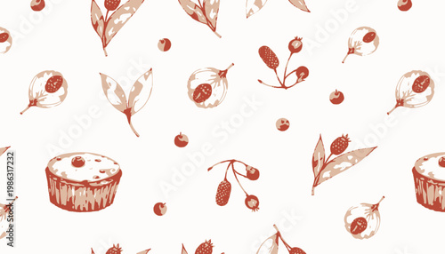 Seamless Pattern of Delicious Cupcakes and Floral Elements with Berries and Leaves in a Watercolor Style on a White Background