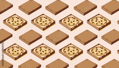 Seamless Pattern of Open and Closed Pizza Boxes with Pepperoni Pizzas Highlighting Delicious Italian Cuisine and Fast Food Concepts