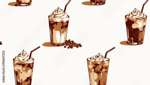 Delicious Iced Coffee Drinks with Creamy Toppings and Straws in Repeating Pattern on a Light Background