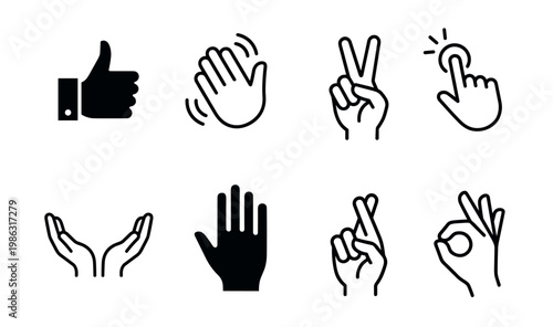 Set of eight black hand gesture icons showing different communication signs, including thumbs up, peace, waving, clicking, stop, okay, and fingers crossed in a simple line art style