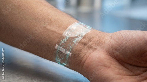 Close-up of a transparent electronic patch with circuits on a person's wrist. Blurred background with copy space. Concept of wearable technology, smart healthcare, and future medical monitoring.
