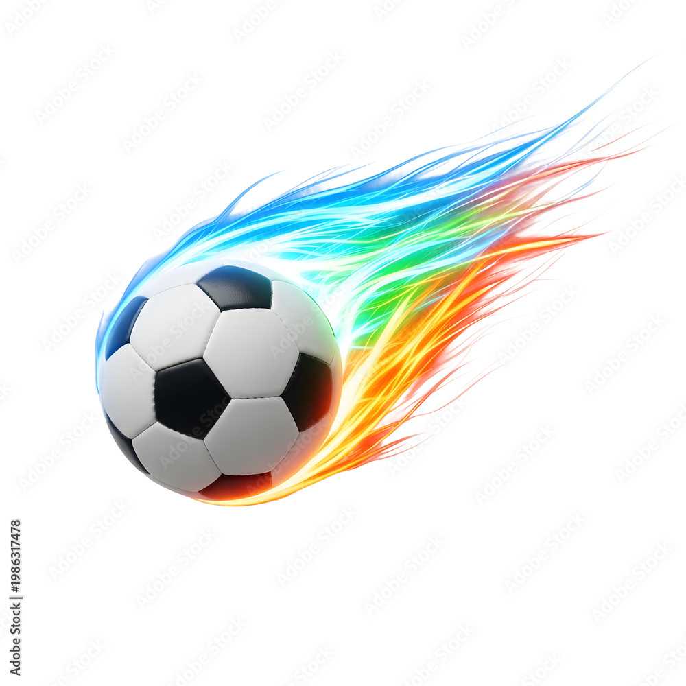 Naklejka premium Soccer ball with dynamic rainbow fire and speed trails on isolated white background football colorful