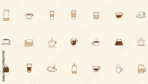 Illustration of Various Coffee Beverages and Brewing Methods Displayed in a Minimalistic Grid with Different Cups, Mugs, and Steaming Coffee Accessories