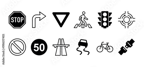 Collection of black and white traffic safety icons depicting various road rules and driving conditions, presented in a clean, minimalist outline style