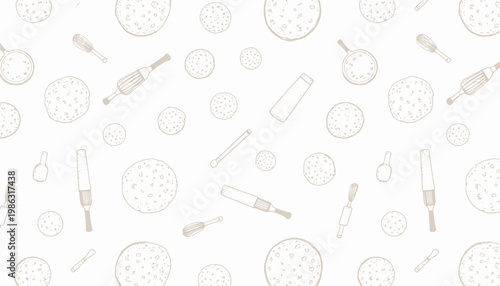 Seamless Pattern Featuring Baking Utensils and Ingredients in a Minimalistic Design with Whisk, Rolling Pin, and Dough Elements